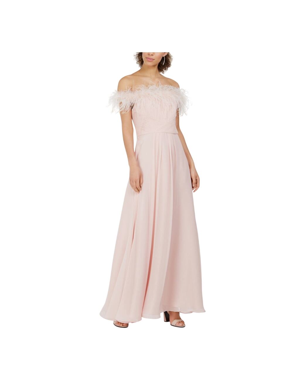 Eliza J Pink Evening Gown Feather Trimmed Chiffon Off the Shoulder Dress Size 12